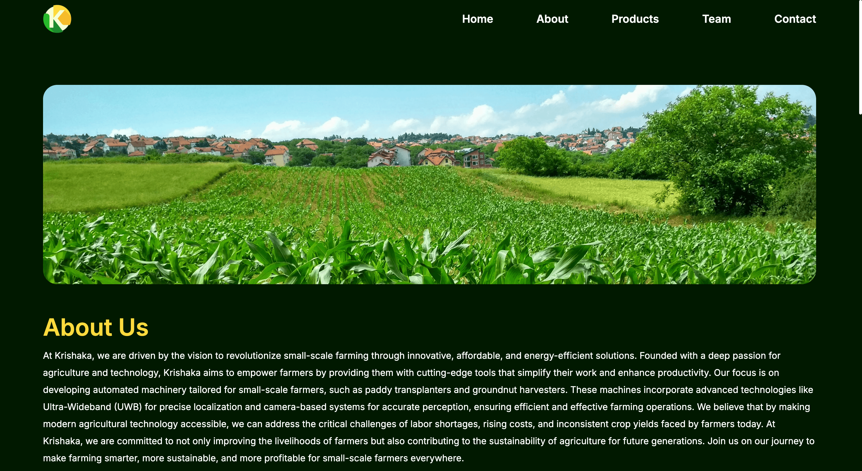 The About page's banner photo of a cultivated field, used to ground the company's story in real farmland.