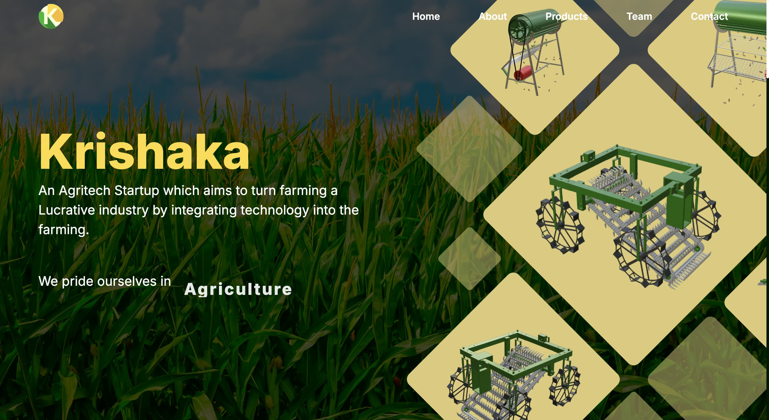 The Krishaka homepage hero, showing the brand name over a cornfield background with a diamond grid of the three farm vehicles alongside it.