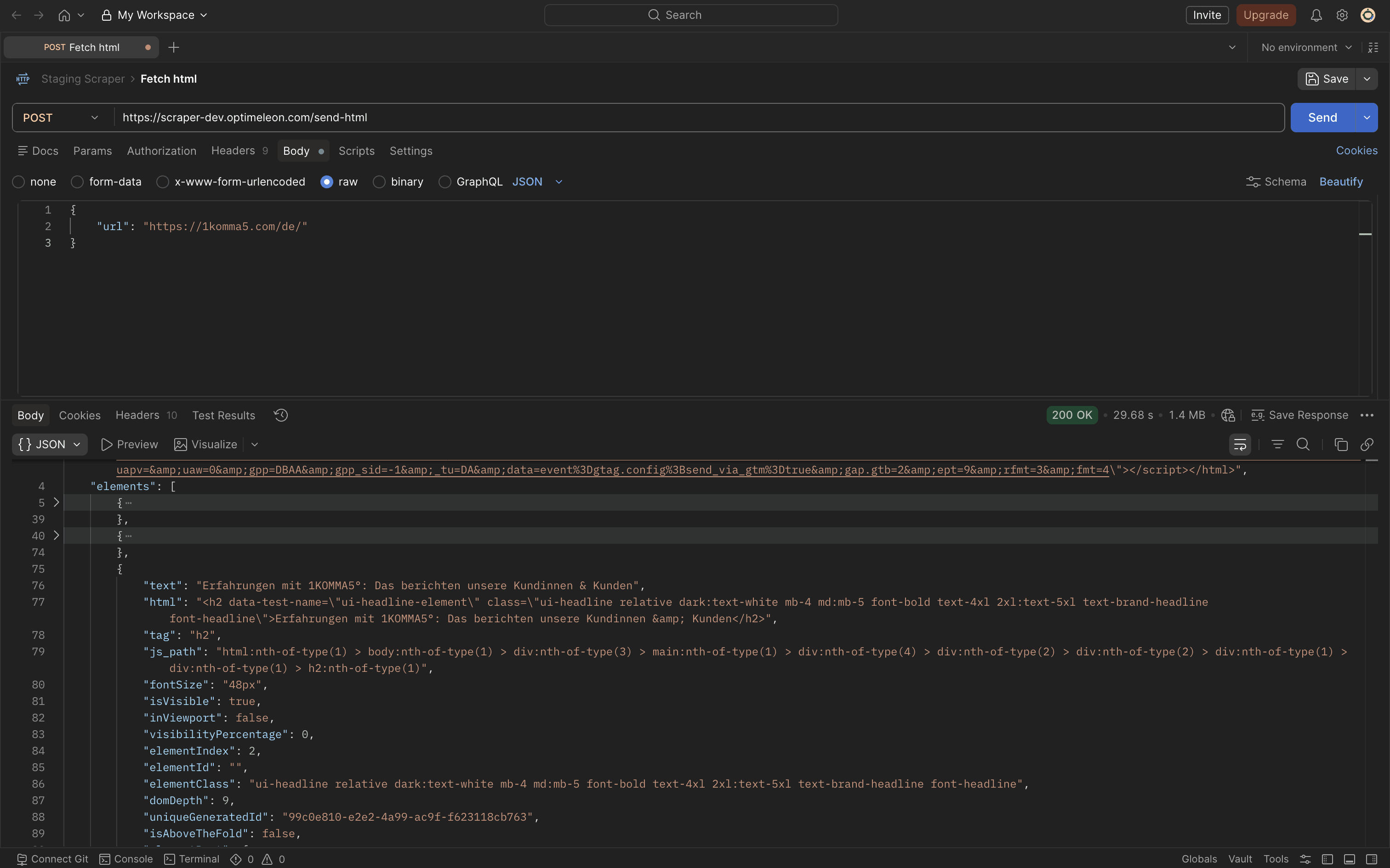 Raw JSON response from the scraper's element detection endpoint, showing each detected element's text, tag, selector path, and above-the-fold status.