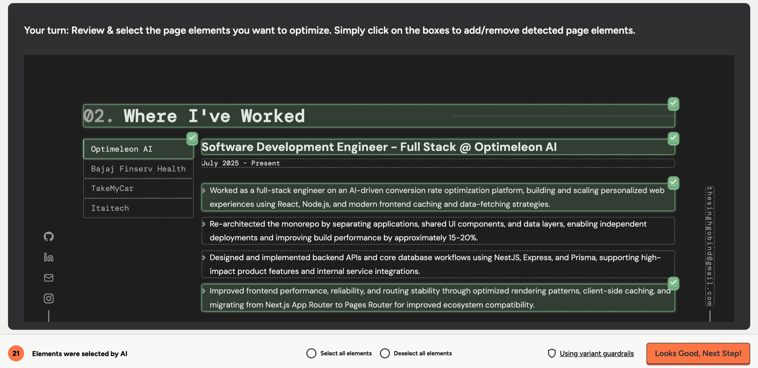 The personalization product's review screen, showing page elements the scraper detected marked with green checkmarks for a customer to include or exclude.