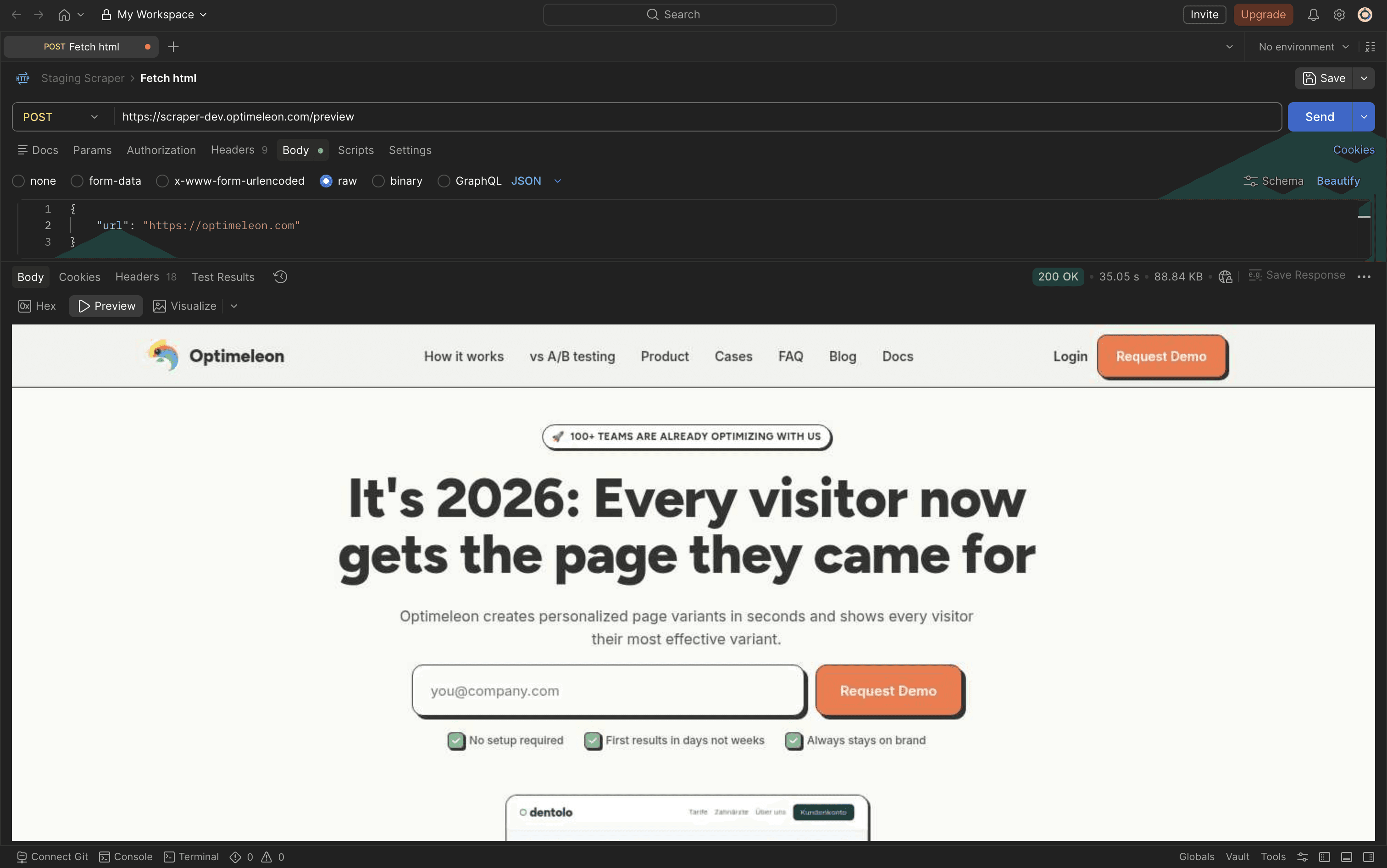 The scraper's preview endpoint returning a rendered page capture for a live customer site.