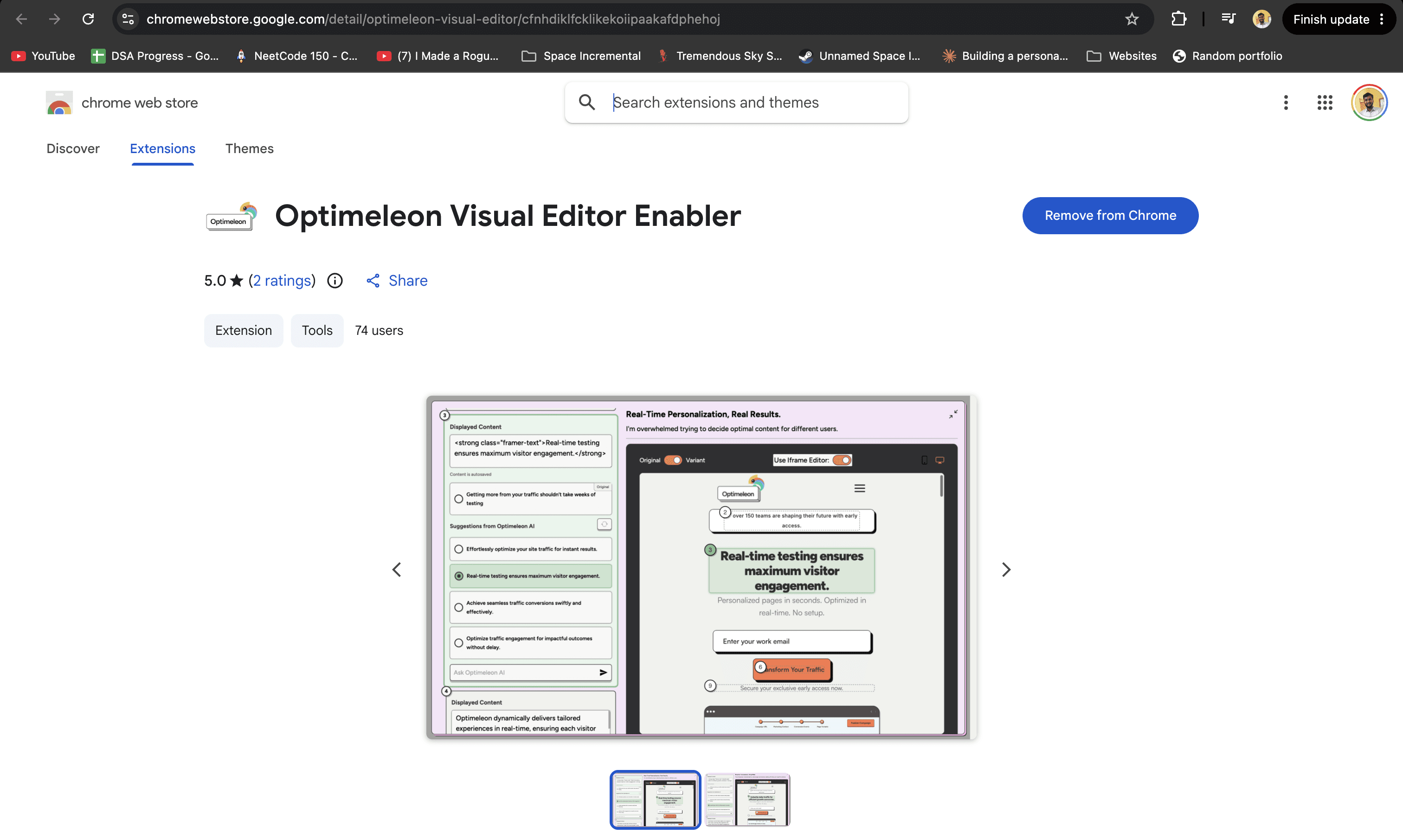 The Optimeleon Visual Editor Enabler Chrome extension listed and published on the Chrome Web Store, showing the live-iframe editor in its store screenshots.