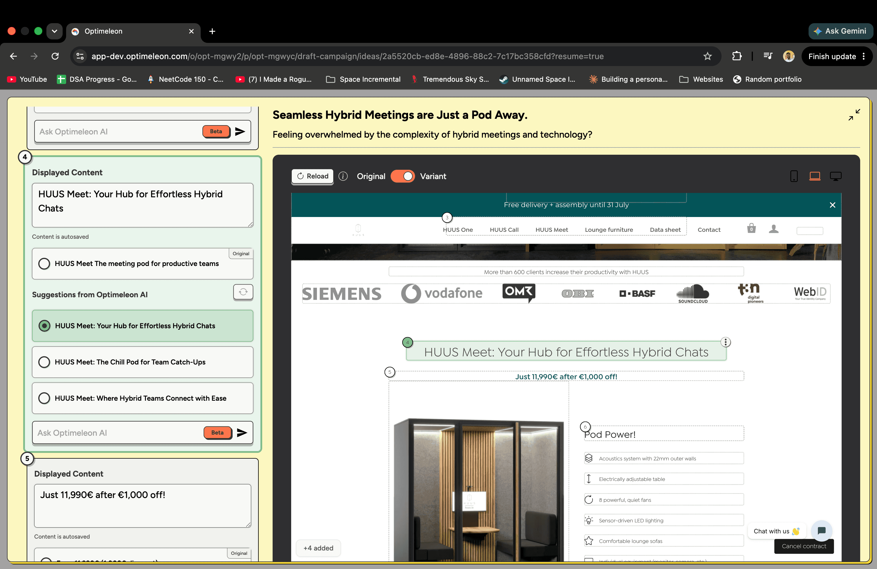 The live iframe editor mid-edit, showing a customer's real site loaded directly in the dashboard with numbered element markers and an AI copy-suggestion panel alongside it.