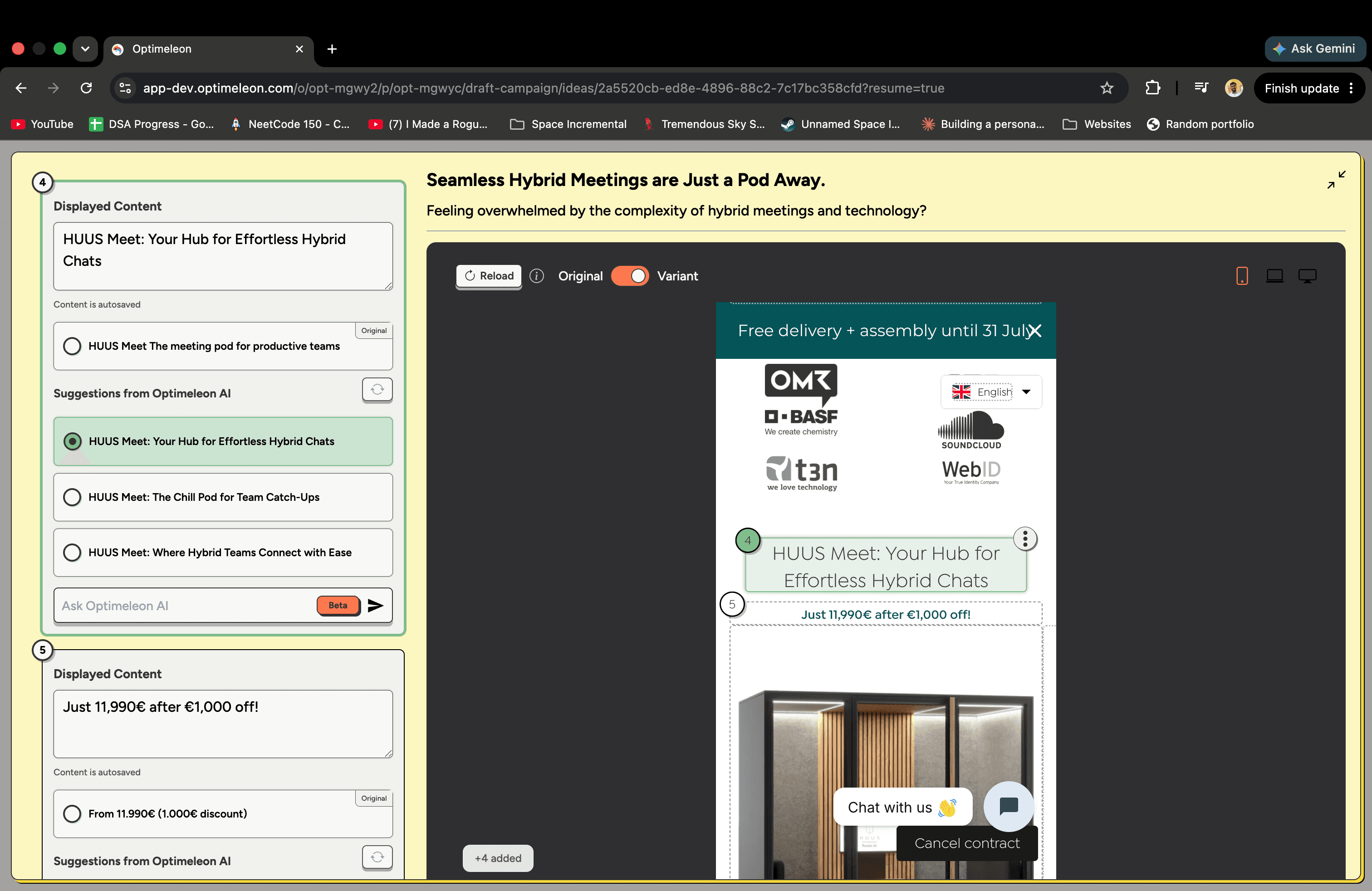 The live iframe editor showing an edited variant of a customer's real page, with the Original/Variant toggle and Reload control in the editor header.